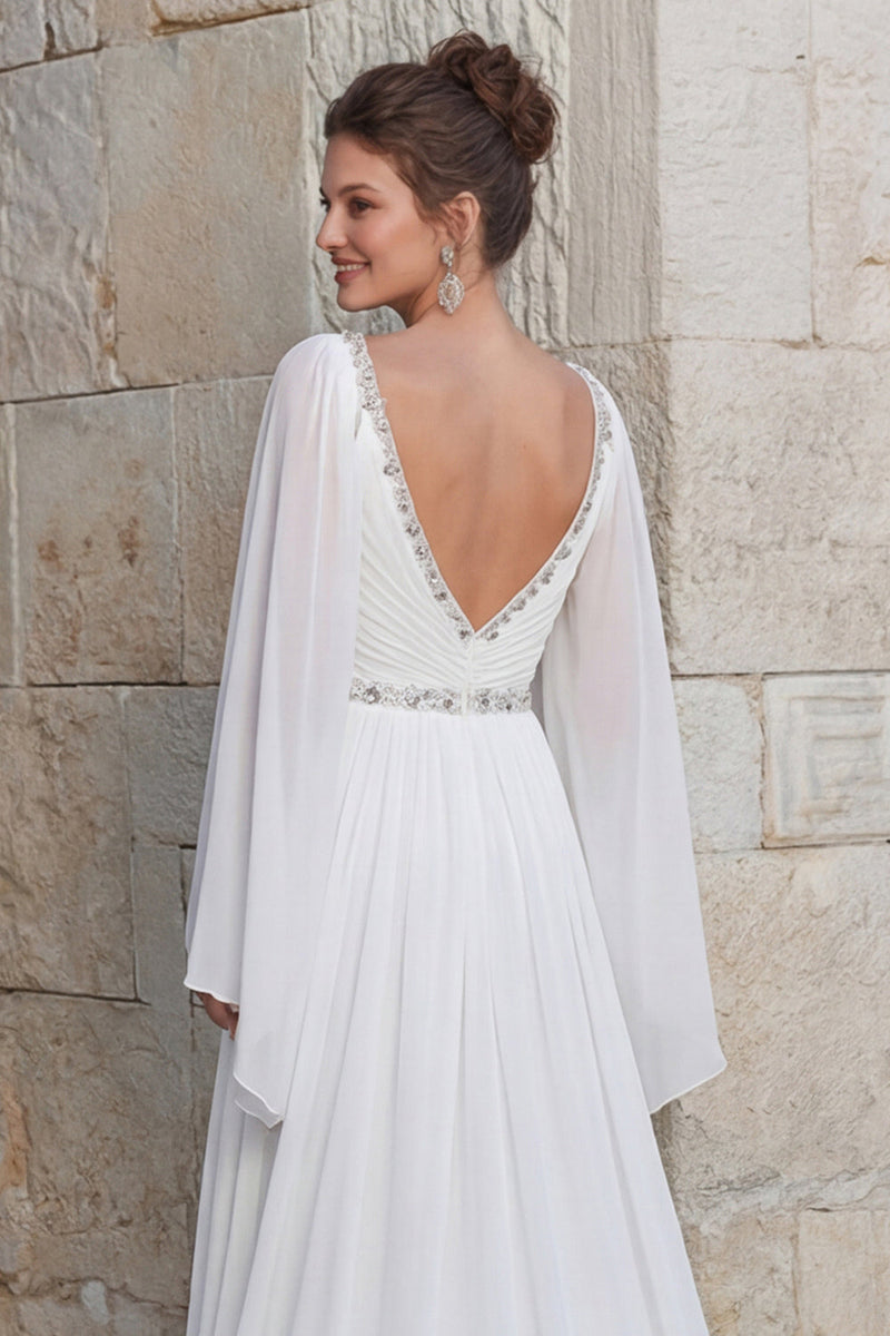Laden Sie das Bild in den Galerie-Viewer, Glitzerndes Elfenbein Chiffon A Linie V-Ausschnitt Langes Hochzeitskleid mit Schlitz