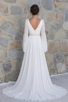 Glitzerndes Elfenbein Perlen Langarm Hochzeitskleid mit V-Ausschnitt