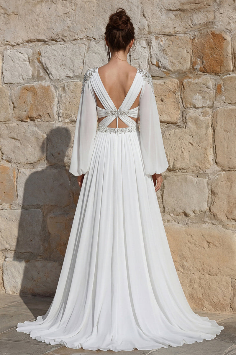 Laden Sie das Bild in den Galerie-Viewer, Elfenbein Chiffon Perlen Langes Hochzeitskleid mit Schlitz
