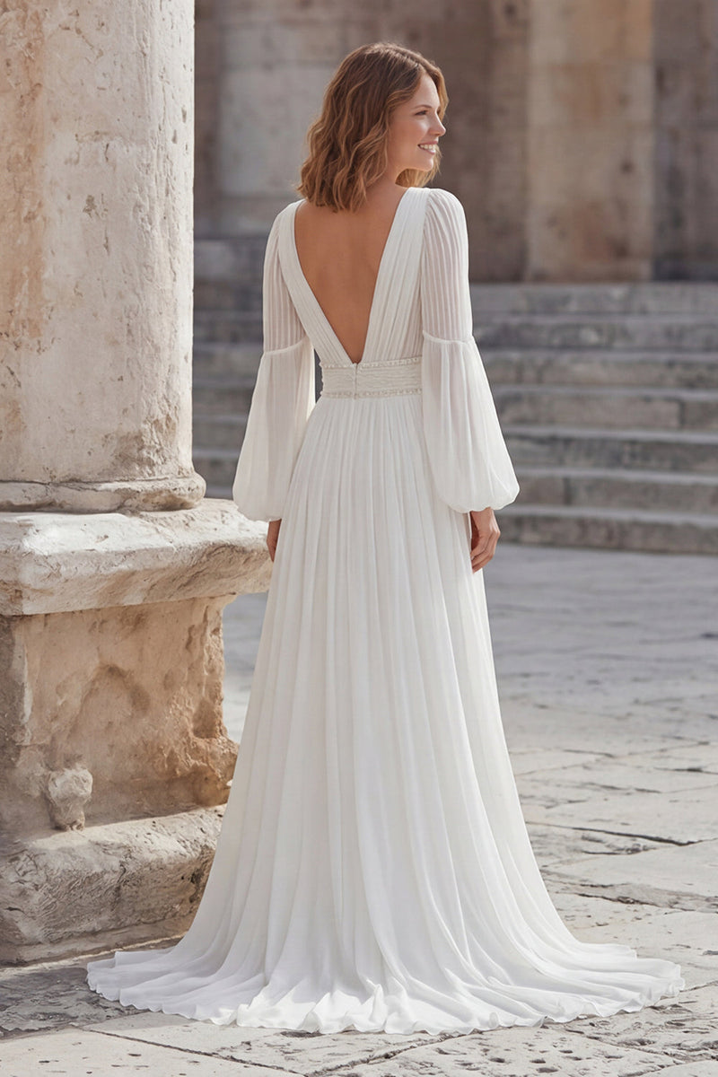 Laden Sie das Bild in den Galerie-Viewer, Elfenbein Chiffon A Linie Langes Hochzeitskleid mit Schlitz