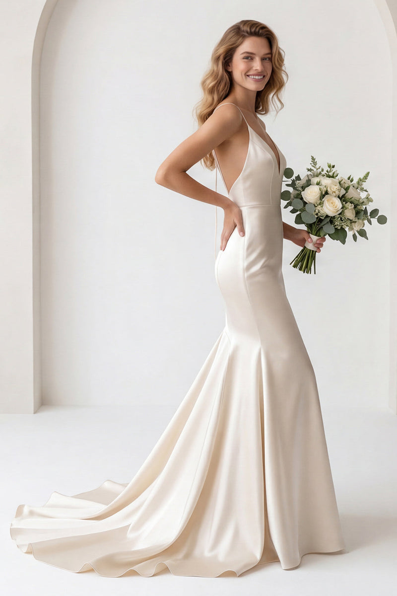 Laden Sie das Bild in den Galerie-Viewer, Elfenbein Satin Spaghetti-Träger Sweep Schleppe Meerjungfrauen Hochzeitskleid