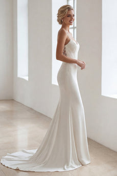 Elfenbein Spaghettiträger Satin Meerjungfrauen Sweep Schleppe Brautkleid mit Spitze