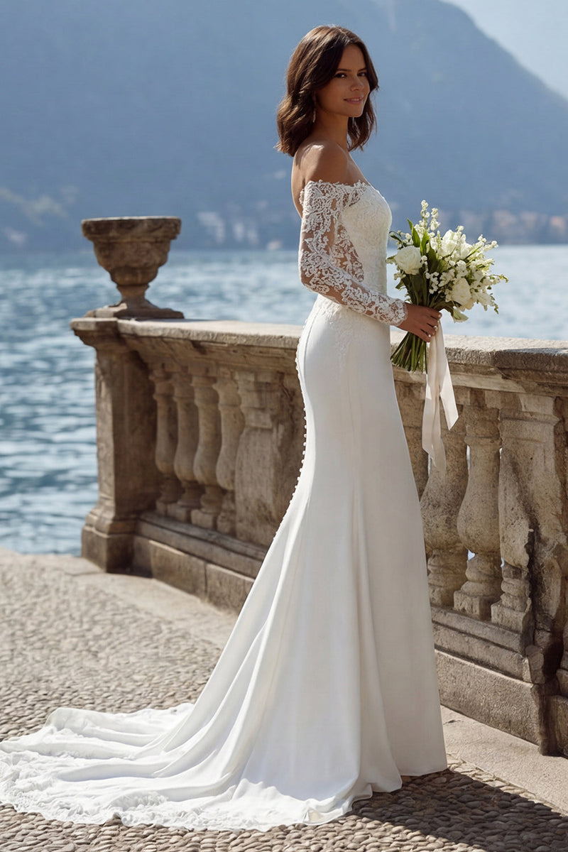 Laden Sie das Bild in den Galerie-Viewer, Elfenbein Schulterloses Meerjungfrauen Sweep Schleppe Brautkleid mit Spitze