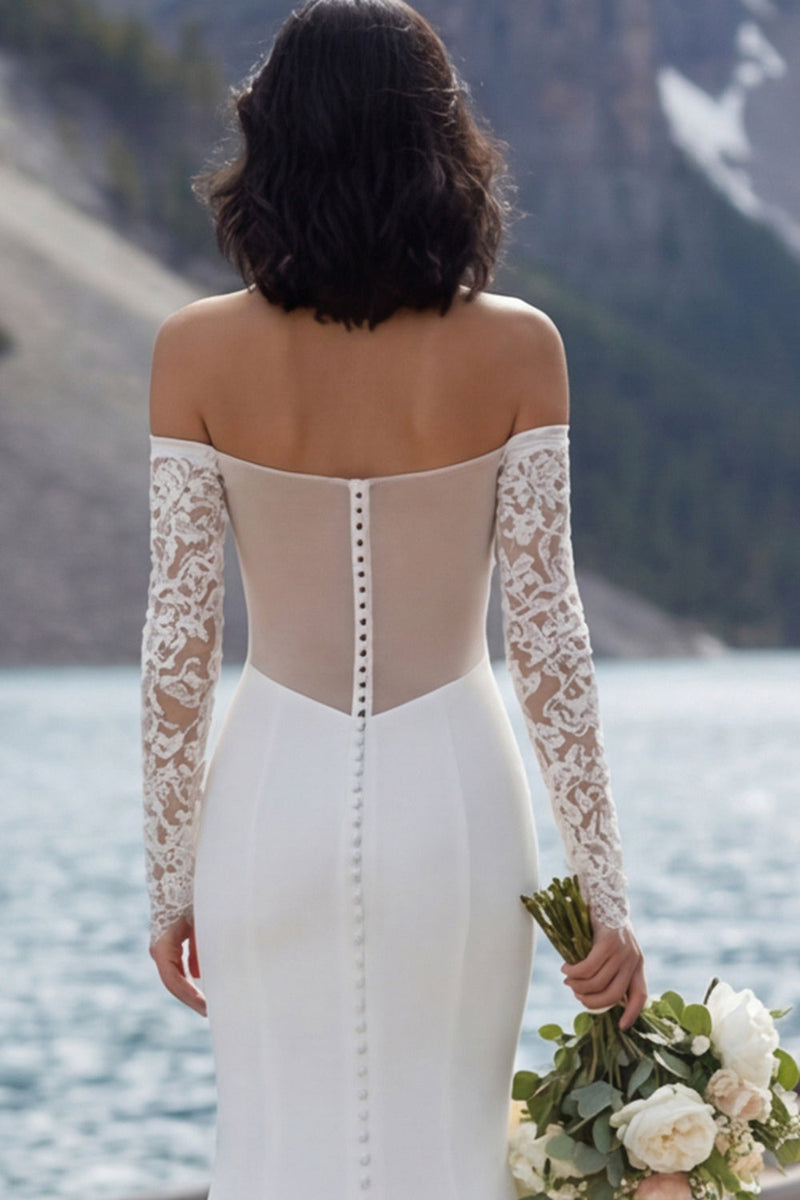 Laden Sie das Bild in den Galerie-Viewer, Elfenbein Mermaid Schulterfreies Sweep Schleppe Brautkleid mit Schlitz