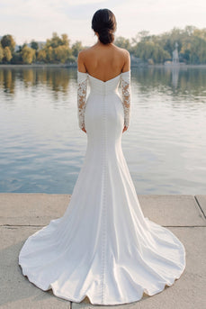 Elfenbein Satin Meerjungfrauen Schulterfreies Sweep Schleppe Brautkleid mit Ärmeln