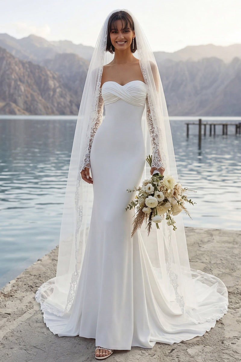 Laden Sie das Bild in den Galerie-Viewer, Elfenbein Meerjungfrauen Sweep Schleppe Brautkleid mit Ärmeln