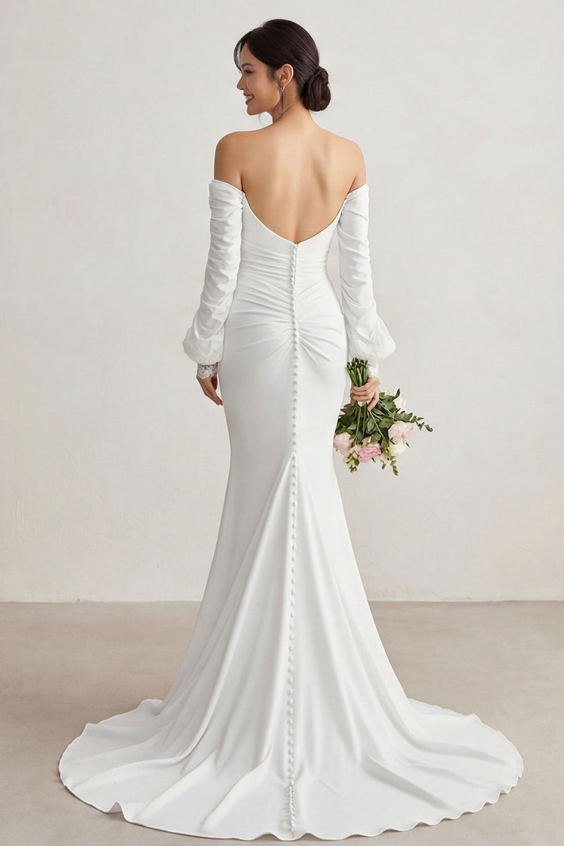 Laden Sie das Bild in den Galerie-Viewer, Elfenbein Chiffon Meerjungfrauen Applikationen Sweep Schleppe Boho Hochzeitskleid mit Ärmeln