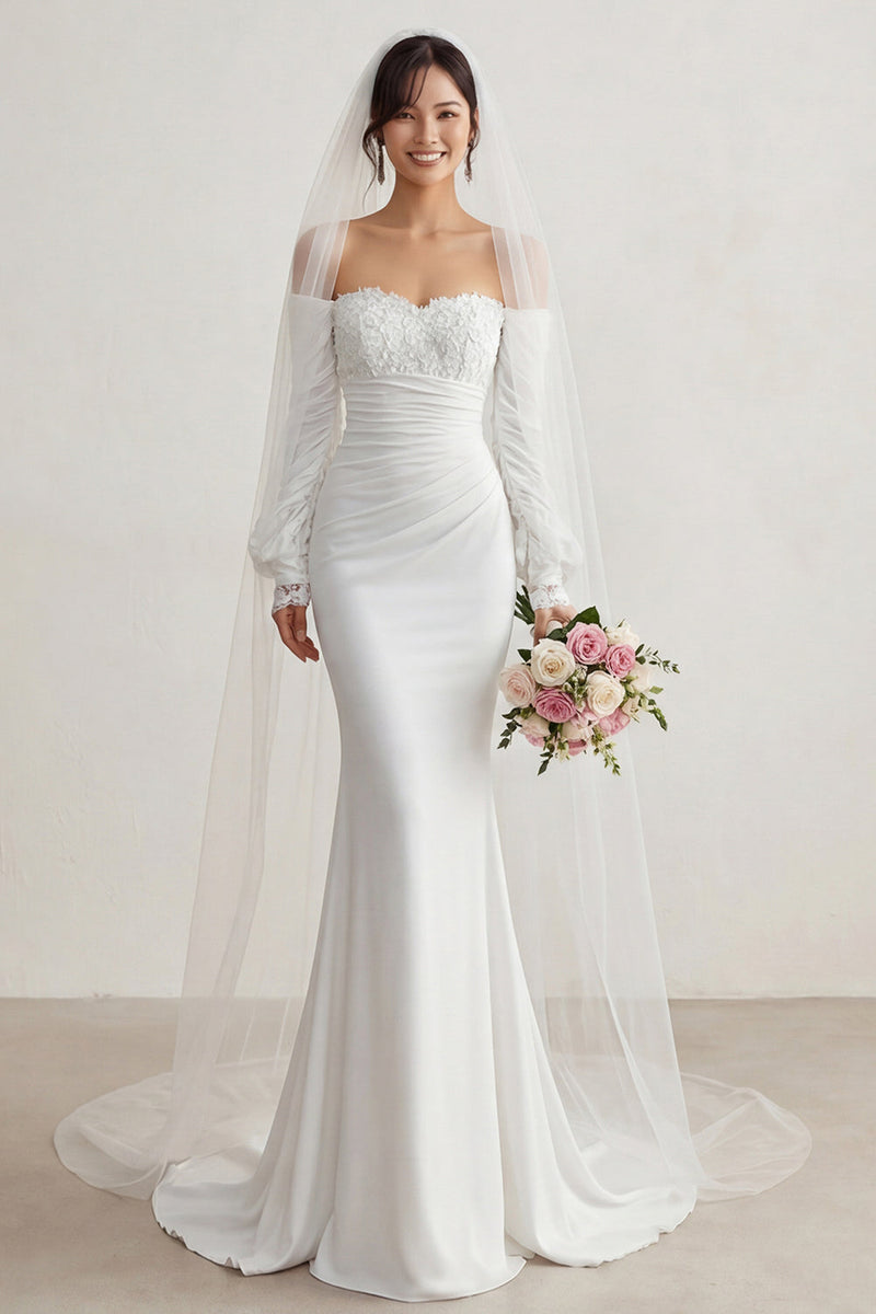 Laden Sie das Bild in den Galerie-Viewer, Elfenbein Chiffon Meerjungfrauen Applikationen Sweep Schleppe Boho Hochzeitskleid mit Ärmeln