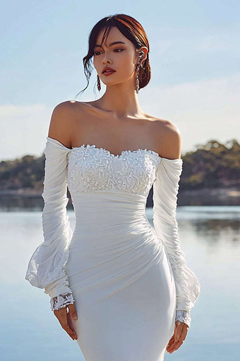 Laden Sie das Bild in den Galerie-Viewer, Elfenbein Chiffon Meerjungfrauen Applikationen Sweep Schleppe Boho Hochzeitskleid mit Ärmeln