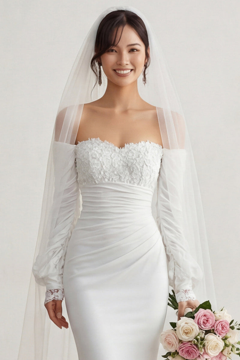 Laden Sie das Bild in den Galerie-Viewer, Elfenbein Chiffon Meerjungfrauen Applikationen Sweep Schleppe Boho Hochzeitskleid mit Ärmeln