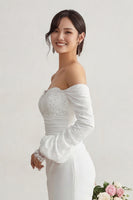 Laden Sie das Bild in den Galerie-Viewer, Elfenbein Chiffon Meerjungfrauen Applikationen Sweep Schleppe Boho Hochzeitskleid mit Ärmeln