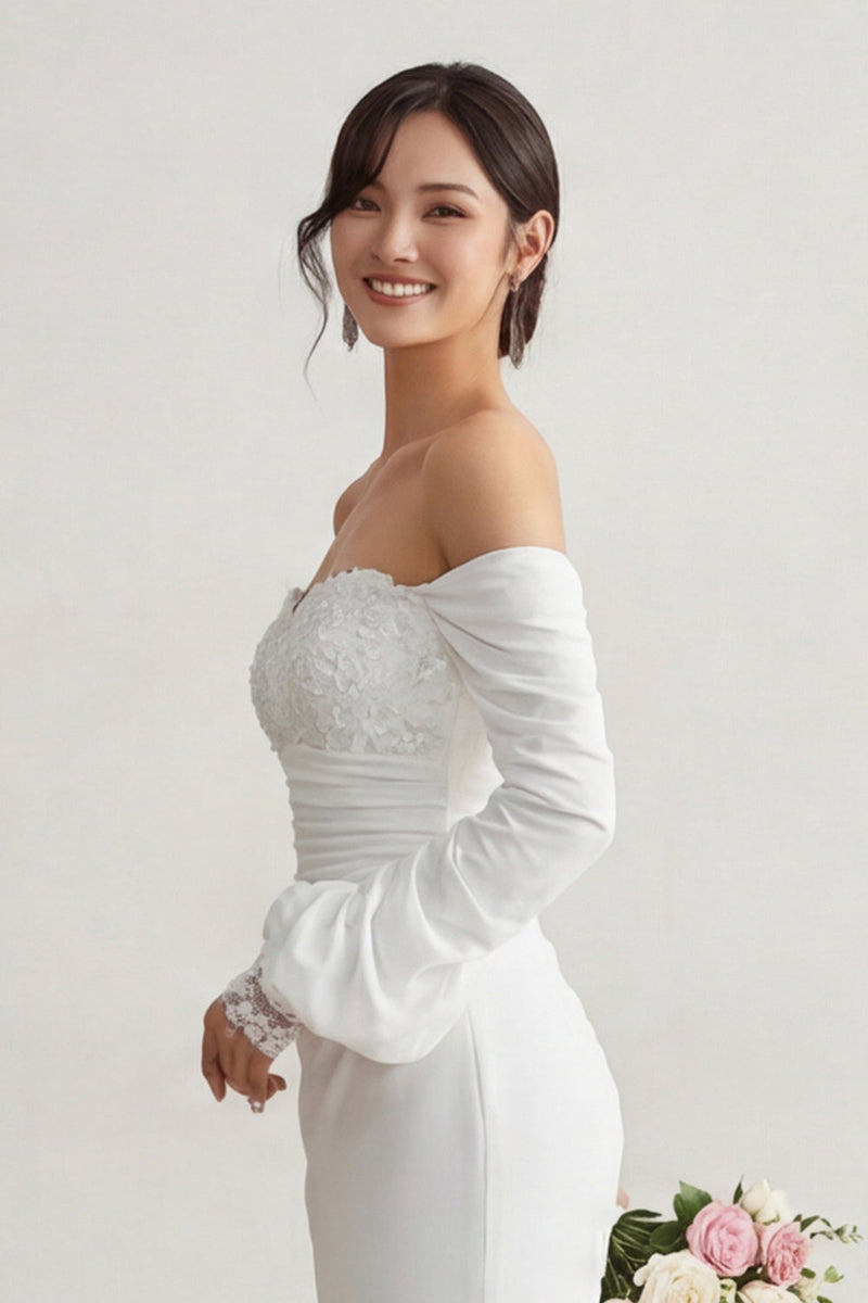 Laden Sie das Bild in den Galerie-Viewer, Elfenbein Chiffon Meerjungfrauen Applikationen Sweep Schleppe Boho Hochzeitskleid mit Ärmeln