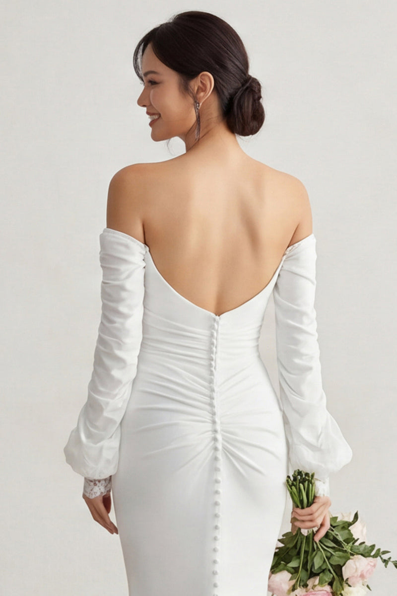 Laden Sie das Bild in den Galerie-Viewer, Elfenbein Chiffon Meerjungfrauen Applikationen Sweep Schleppe Boho Hochzeitskleid mit Ärmeln