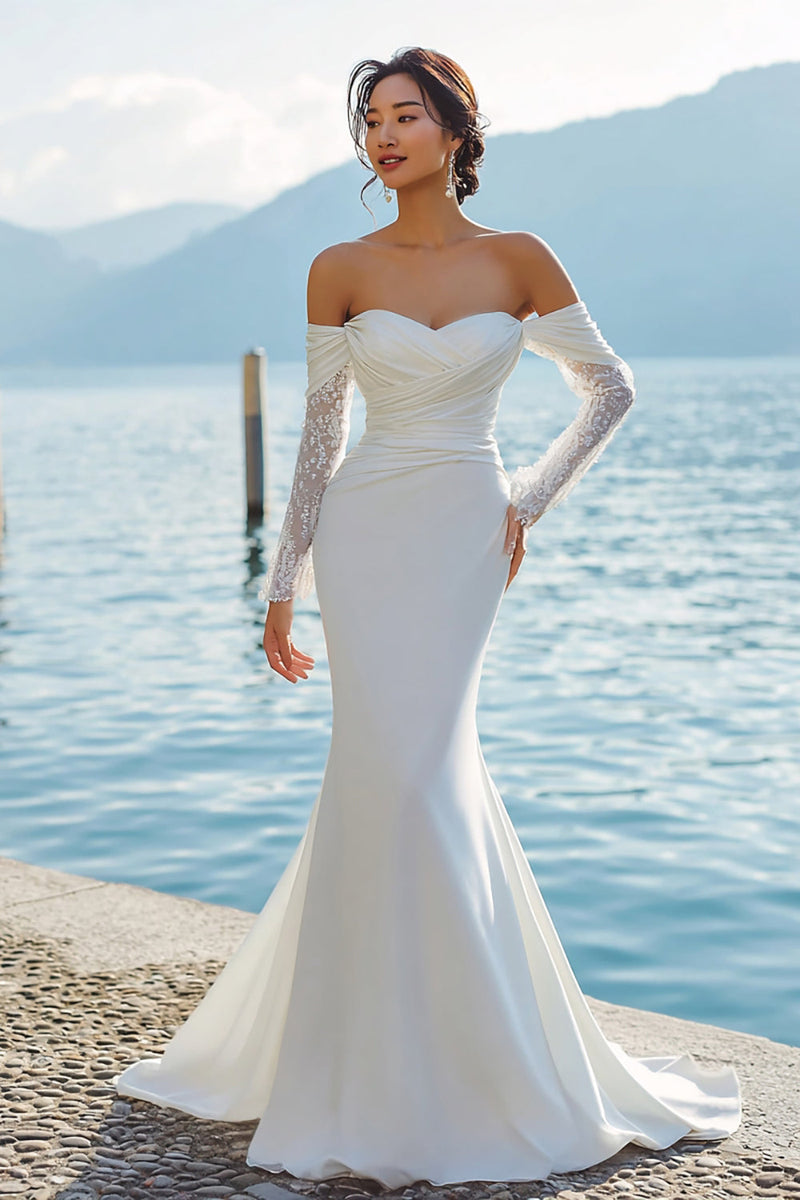Laden Sie das Bild in den Galerie-Viewer, Elfenbein Meerjungfrau Schulterfreies Sweep Schleppe Boho Hochzeitskleid mit Ärmeln