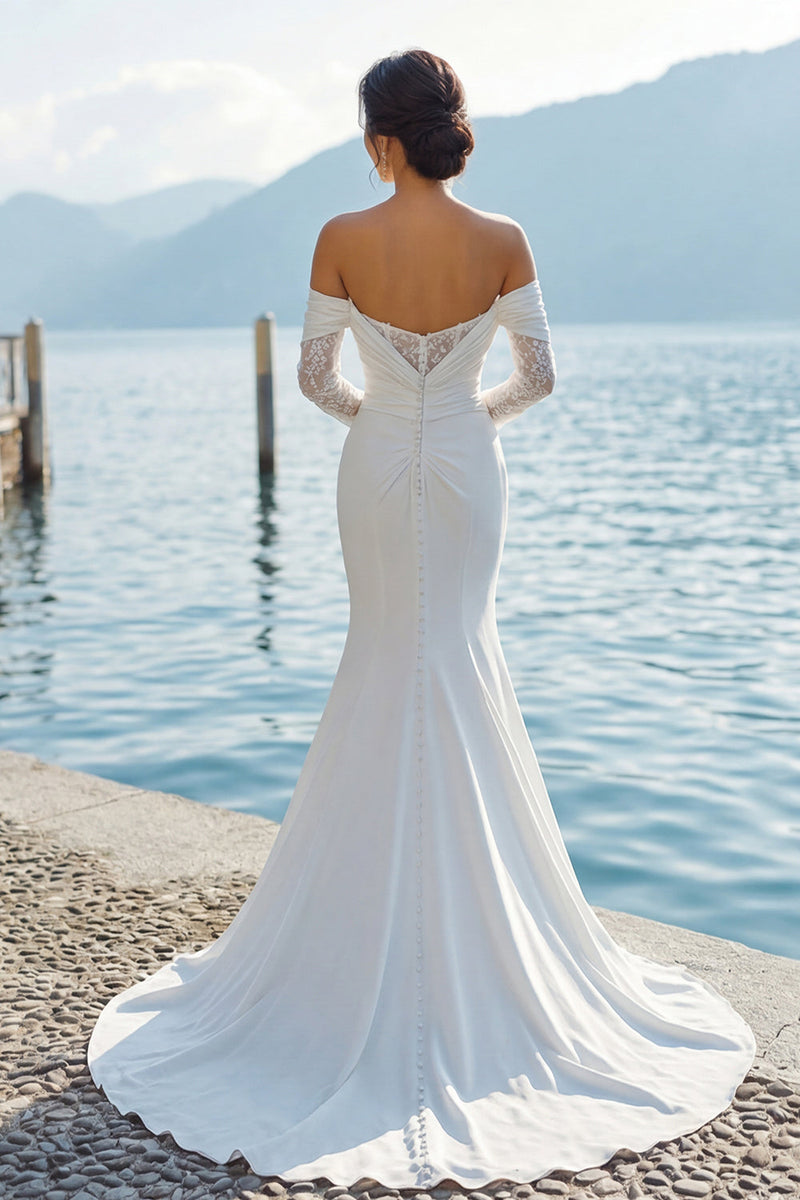 Laden Sie das Bild in den Galerie-Viewer, Elfenbein Meerjungfrau Schulterfreies Sweep Schleppe Boho Hochzeitskleid mit Ärmeln