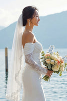 Laden Sie das Bild in den Galerie-Viewer, Elfenbein Meerjungfrau Schulterfreies Sweep Schleppe Boho Hochzeitskleid mit Ärmeln