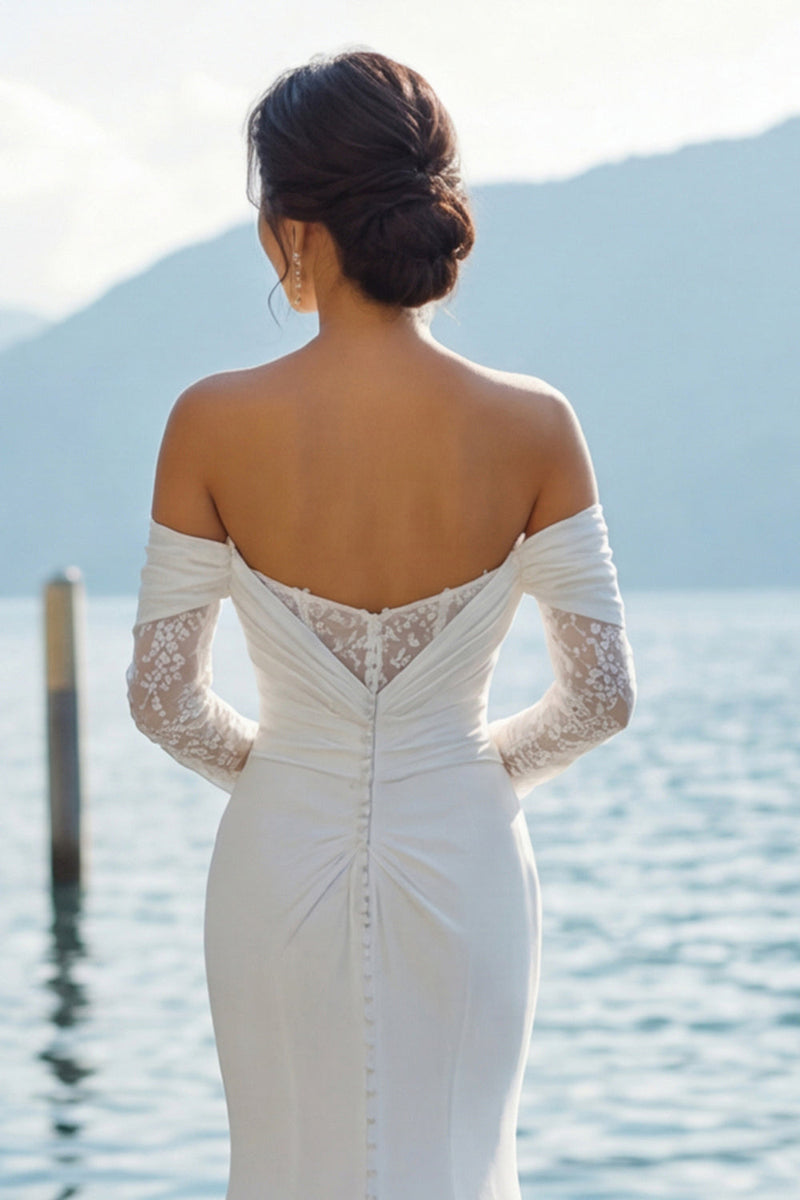 Laden Sie das Bild in den Galerie-Viewer, Elfenbein Meerjungfrau Schulterfreies Sweep Schleppe Boho Hochzeitskleid mit Ärmeln