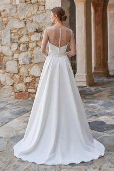 Glitzerndes Elfenbein A-Linie Langärmel Sweep Schleppe Boho Hochzeitskleid mit Schlitz