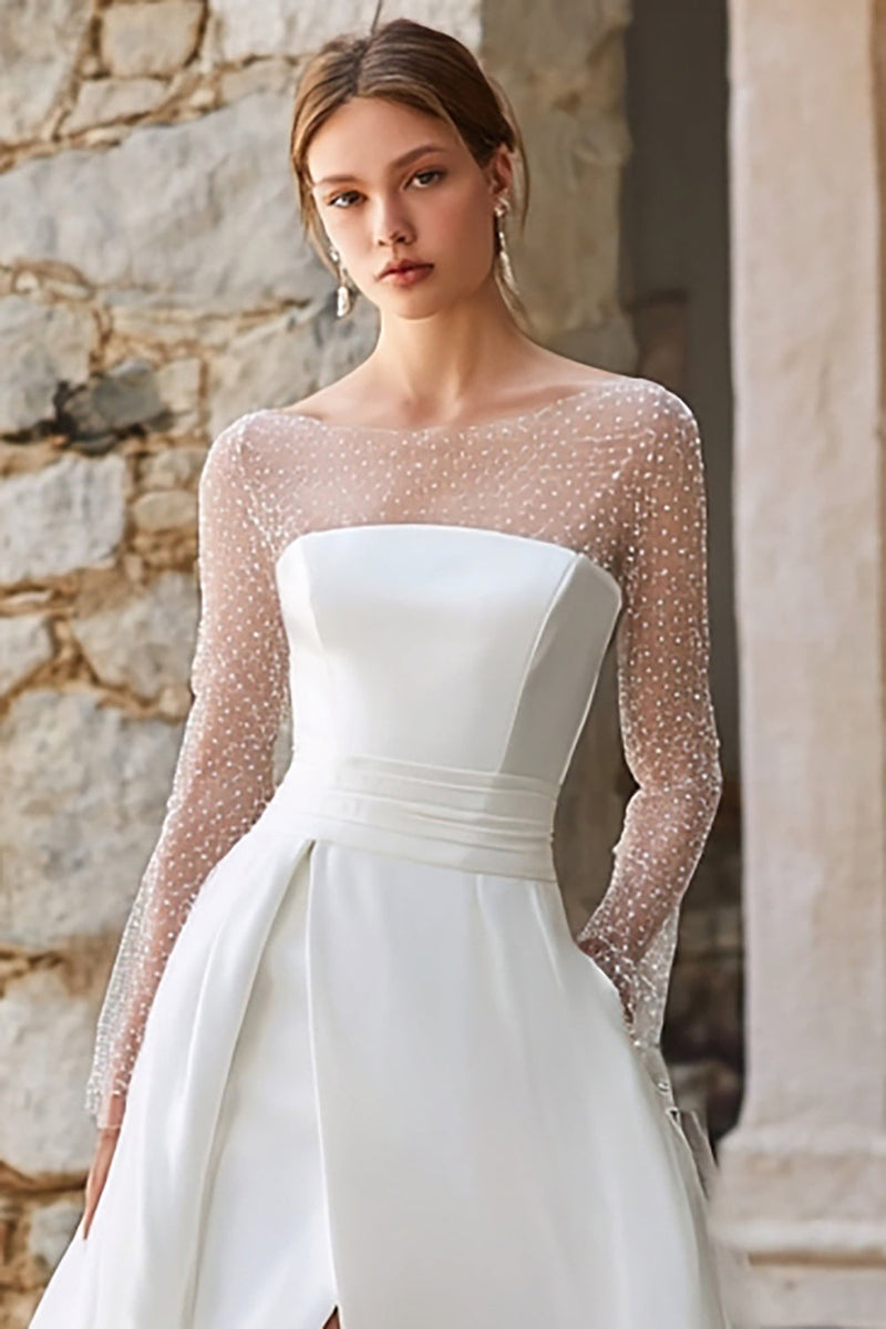 Laden Sie das Bild in den Galerie-Viewer, Glitzerndes Elfenbein A-Linie Langärmel Sweep Schleppe Boho Hochzeitskleid mit Schlitz