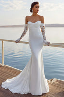 Laden Sie das Bild in den Galerie-Viewer, Elfenbein Meerjungfrau Sweetheart Chiffon Raffen Langes Hochzeitskleid