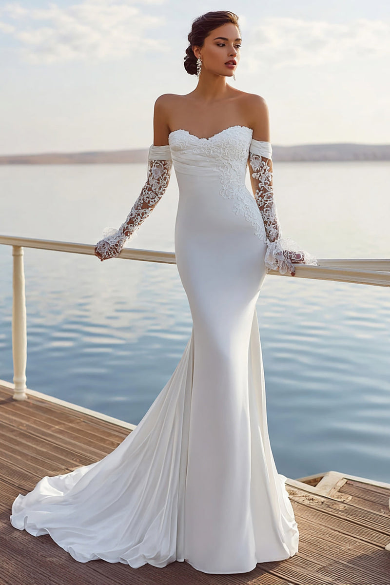 Laden Sie das Bild in den Galerie-Viewer, Elfenbein Meerjungfrau Sweetheart Chiffon Raffen Langes Hochzeitskleid