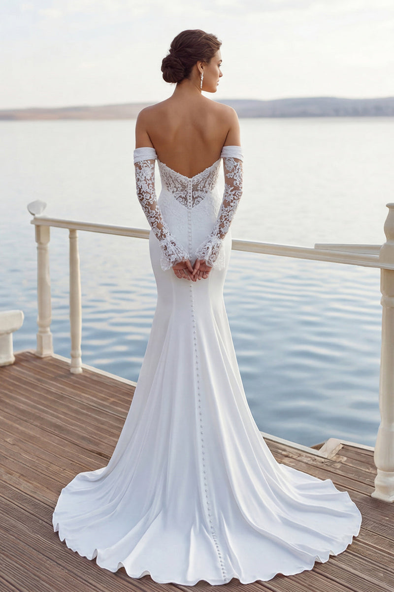 Laden Sie das Bild in den Galerie-Viewer, Elfenbein Meerjungfrau Sweetheart Chiffon Raffen Langes Hochzeitskleid