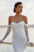 Laden Sie das Bild in den Galerie-Viewer, Elfenbein Meerjungfrau Sweetheart Chiffon Raffen Langes Hochzeitskleid