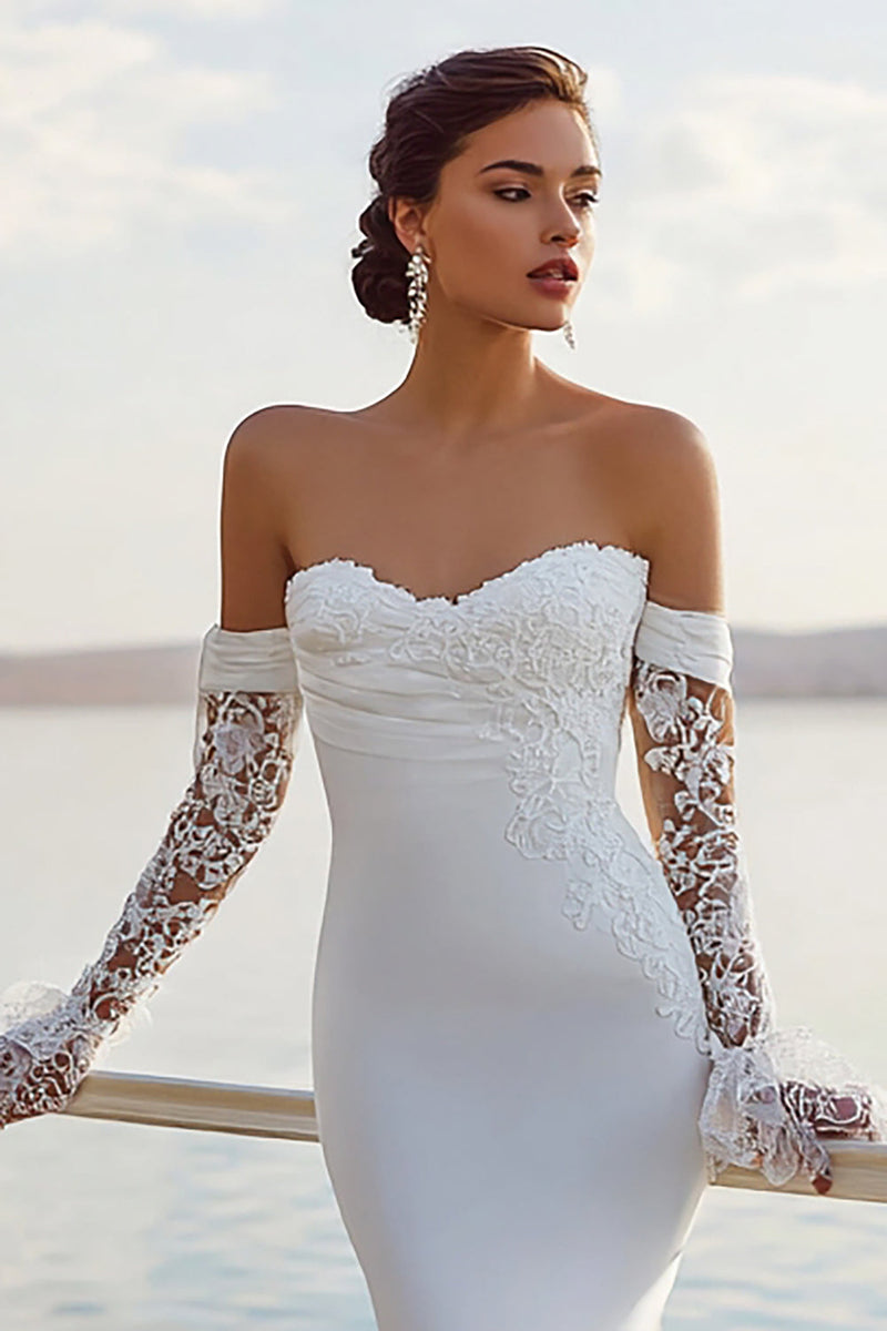 Laden Sie das Bild in den Galerie-Viewer, Elfenbein Meerjungfrau Sweetheart Chiffon Raffen Langes Hochzeitskleid