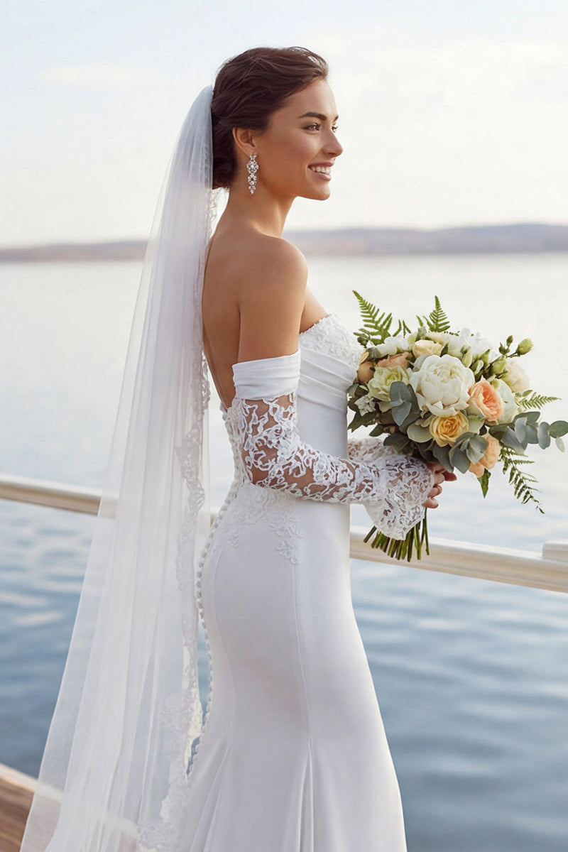 Laden Sie das Bild in den Galerie-Viewer, Elfenbein Meerjungfrau Sweetheart Chiffon Raffen Langes Hochzeitskleid