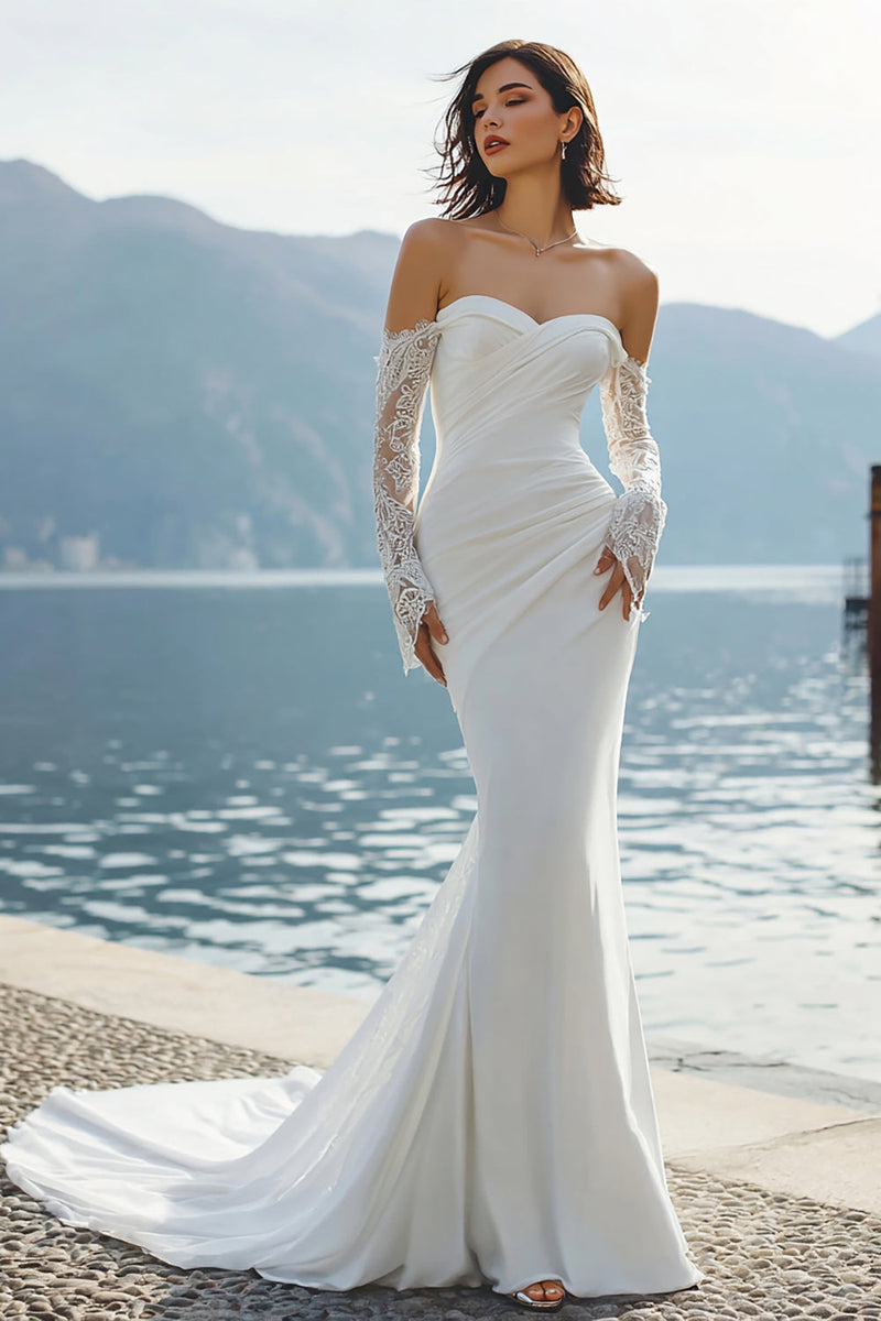 Laden Sie das Bild in den Galerie-Viewer, Elfenbein Chiffon Meerjungfrauen Spitzen Applikations Sweetheart Langes Hochzeitskleid