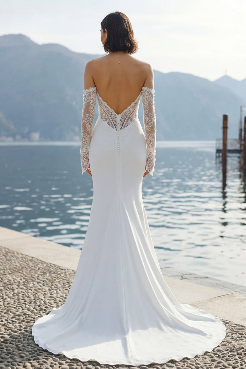 Laden Sie das Bild in den Galerie-Viewer, Elfenbein Chiffon Meerjungfrauen Spitzen Applikations Sweetheart Langes Hochzeitskleid