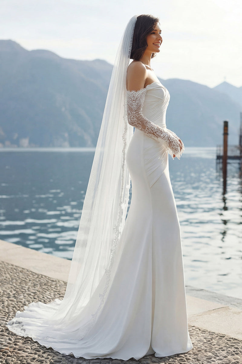 Laden Sie das Bild in den Galerie-Viewer, Elfenbein Chiffon Meerjungfrauen Spitzen Applikations Sweetheart Langes Hochzeitskleid