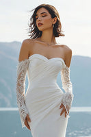 Laden Sie das Bild in den Galerie-Viewer, Elfenbein Chiffon Meerjungfrauen Spitzen Applikations Sweetheart Langes Hochzeitskleid