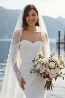 Laden Sie das Bild in den Galerie-Viewer, Elfenbein Chiffon Meerjungfrauen Spitzen Applikations Sweetheart Langes Hochzeitskleid