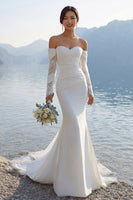Laden Sie das Bild in den Galerie-Viewer, Elfenbein Meerjungfrau Spitzen Sweetheart Chiffon Langes Hochzeitskleid