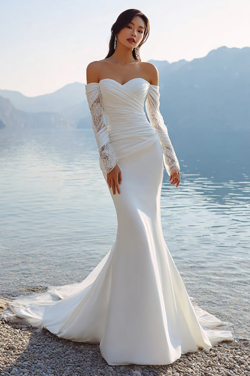 Laden Sie das Bild in den Galerie-Viewer, Elfenbein Meerjungfrau Spitzen Sweetheart Chiffon Langes Hochzeitskleid