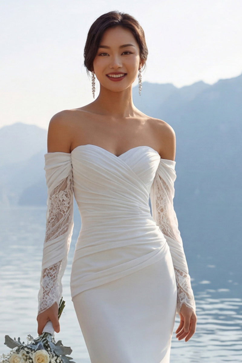 Laden Sie das Bild in den Galerie-Viewer, Elfenbein Meerjungfrau Spitzen Sweetheart Chiffon Langes Hochzeitskleid