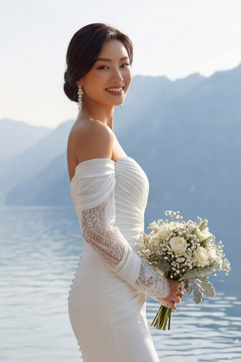 Laden Sie das Bild in den Galerie-Viewer, Elfenbein Meerjungfrau Spitzen Sweetheart Chiffon Langes Hochzeitskleid