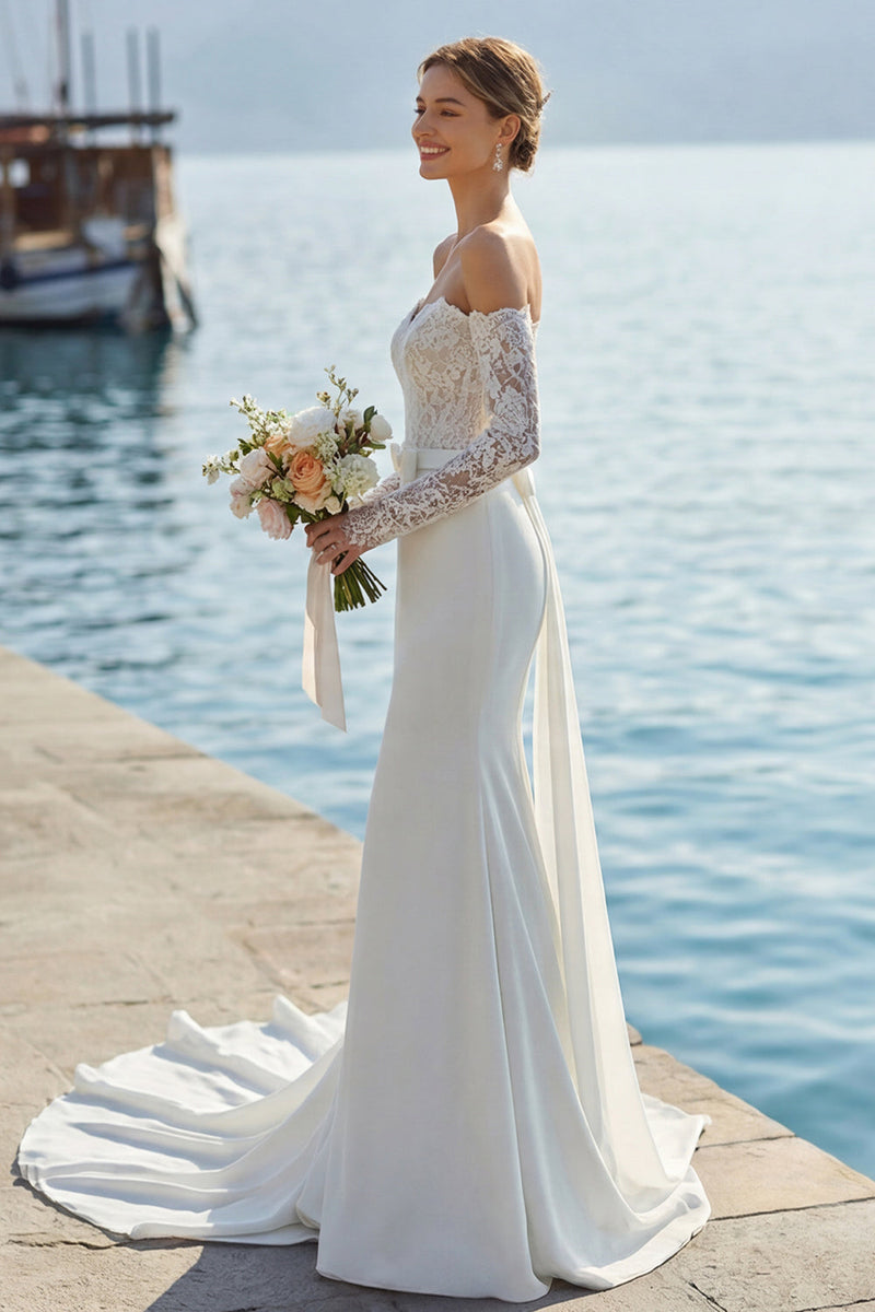 Laden Sie das Bild in den Galerie-Viewer, Elfenbein Spitzenapplikation Meerjungfrauen Sweetheart Langes Hochzeitskleid mit Schleife
