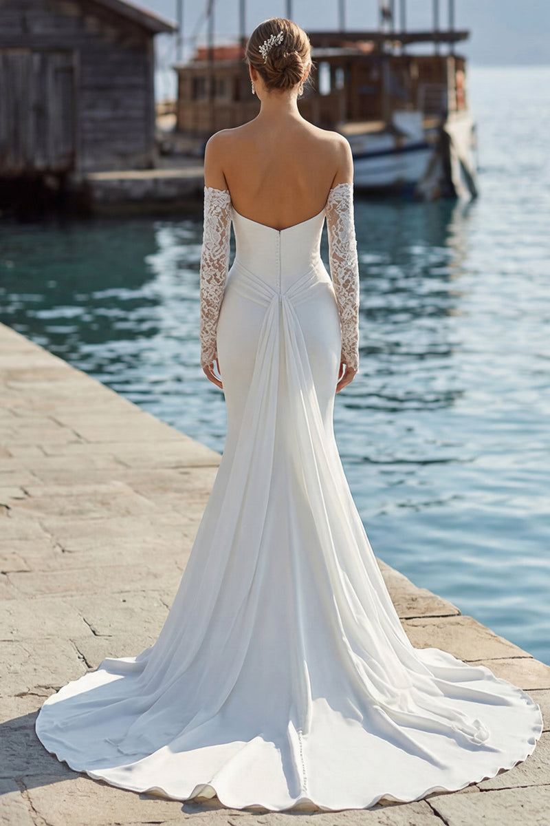 Laden Sie das Bild in den Galerie-Viewer, Elfenbein Meerjungfrauen Sweetheart Langes Spitze Hochzeitskleid mit Applikationen