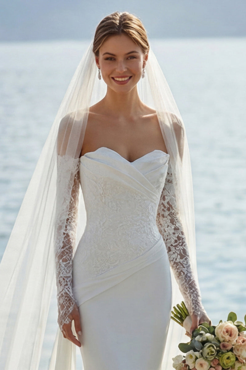 Laden Sie das Bild in den Galerie-Viewer, Elfenbein Meerjungfrauen Sweetheart Langes Spitze Hochzeitskleid mit Applikationen