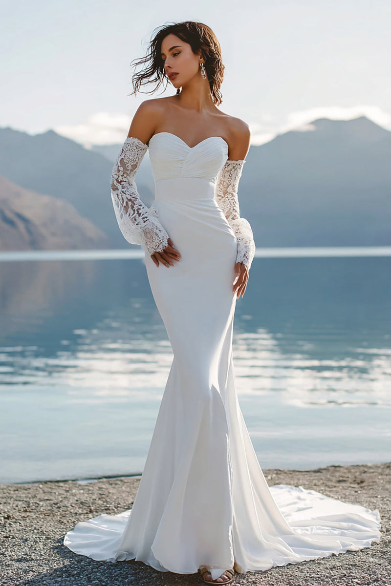 Laden Sie das Bild in den Galerie-Viewer, Elfenbein Meerjungfrauen Herzausschnitt Langes Brautkleid mit Spitze