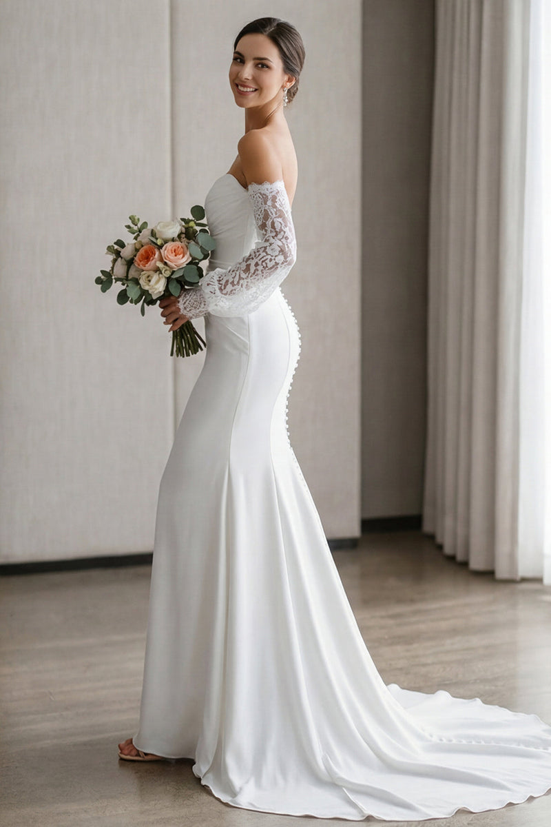 Laden Sie das Bild in den Galerie-Viewer, Elfenbein Meerjungfrauen Herzausschnitt Langes Brautkleid mit Spitze