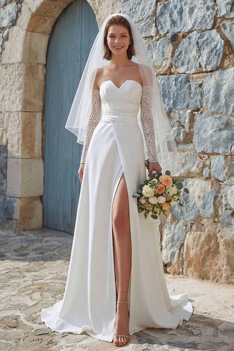 Laden Sie das Bild in den Galerie-Viewer, Elfenbein A-Linie Langes Chiffon Hochzeitskleid mit Schlitz