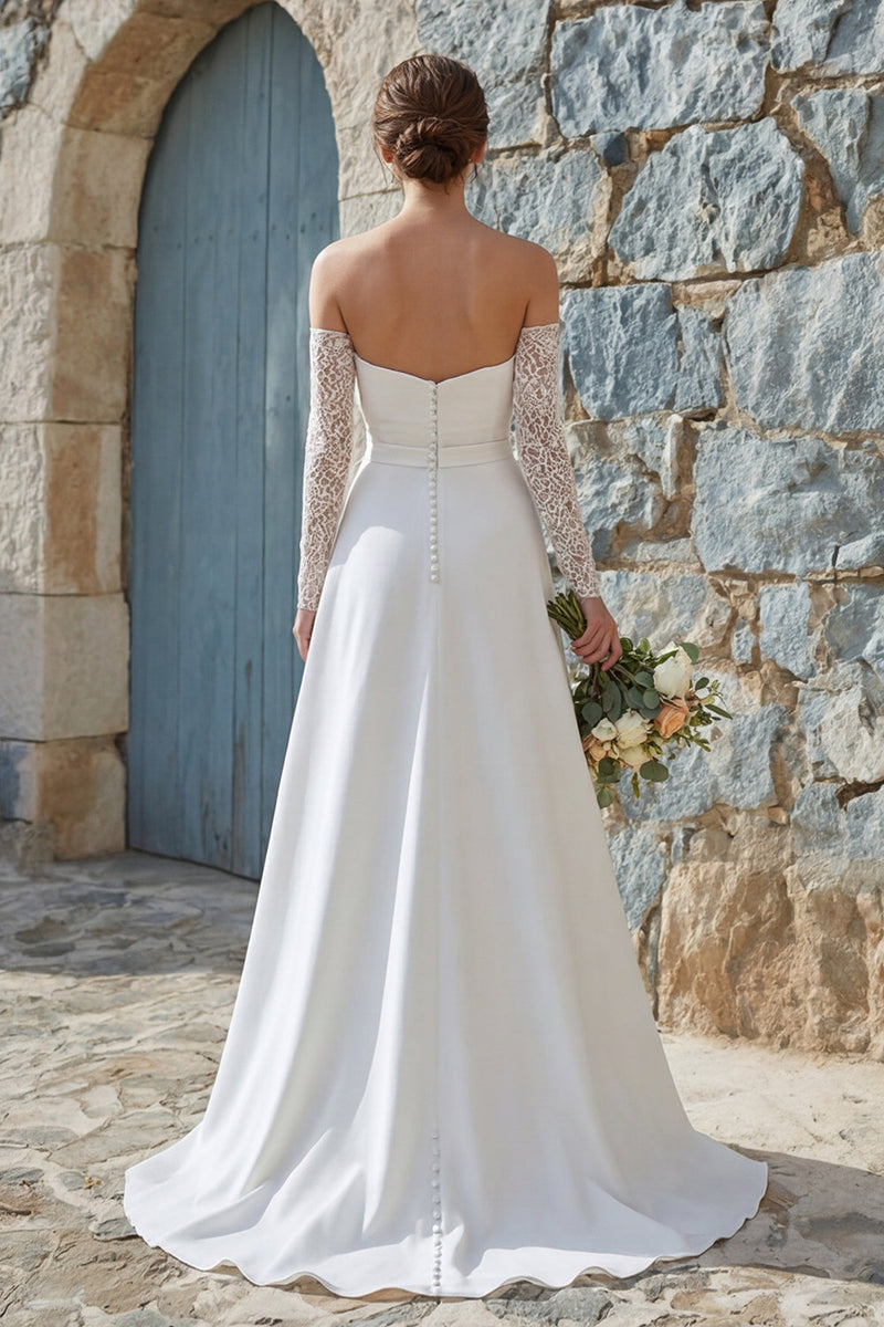 Laden Sie das Bild in den Galerie-Viewer, Elfenbein A-Linie Langes Chiffon Hochzeitskleid mit Schlitz