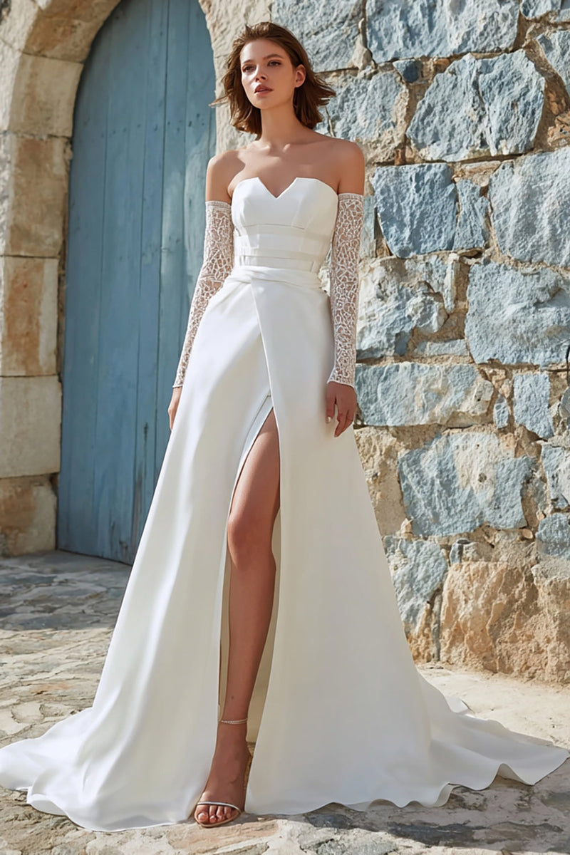 Laden Sie das Bild in den Galerie-Viewer, Elfenbein A-Linie Langes Chiffon Hochzeitskleid mit Schlitz