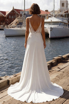 Meerjungfrauen-Elfenbein-Korsett mit Applikationsriemen und Spaghettiträgern Hochzeitskleid mit Schlitz