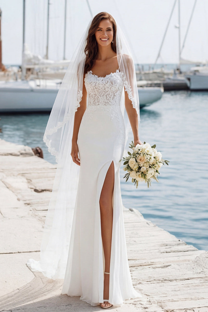Laden Sie das Bild in den Galerie-Viewer, Ivory Spaghetti Straps Mermaid Appliqued Long Wedding Dress with Slit