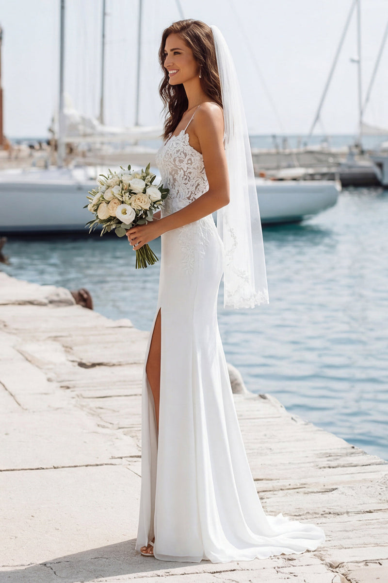 Laden Sie das Bild in den Galerie-Viewer, Ivory Spaghetti Straps Mermaid Appliqued Long Wedding Dress with Slit