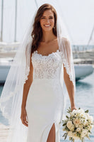 Laden Sie das Bild in den Galerie-Viewer, Ivory Spaghetti Straps Mermaid Appliqued Long Wedding Dress with Slit
